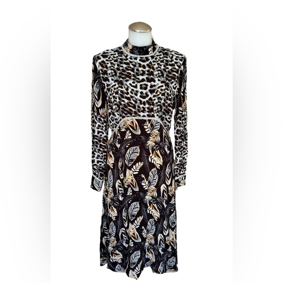 Anthropologie Bl-nk Black White Floral Animal Print Long Sleeve Dress Small - Picture 1 of 7
